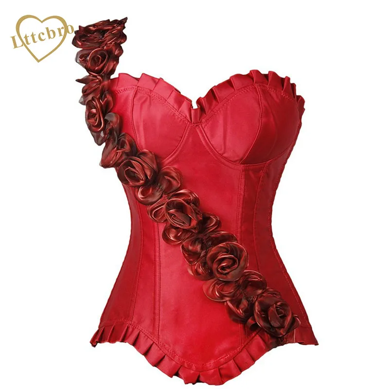

Overbust Corset Slimming Waist Cincher Corset Steampunk Satin Flower One Shoulder Strap Blue Overbust Bustier Corset Tops Sexy