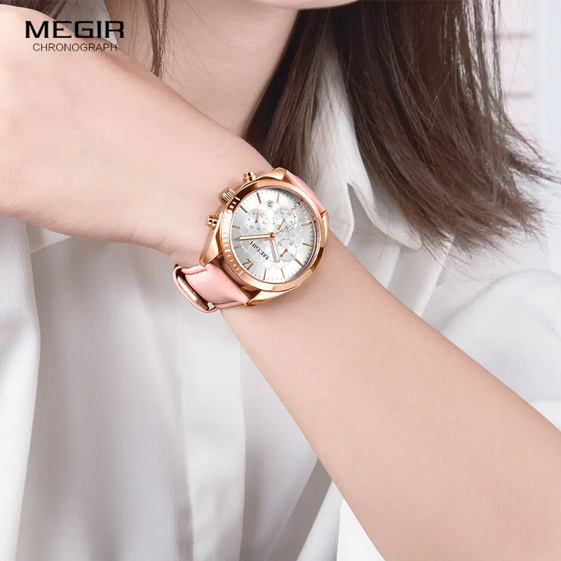 MEGIR женские часы модные розовые кожаные женские кварцевые часы женские часы с хронографом часы для влюбленных Relogio Feminino с браслетом