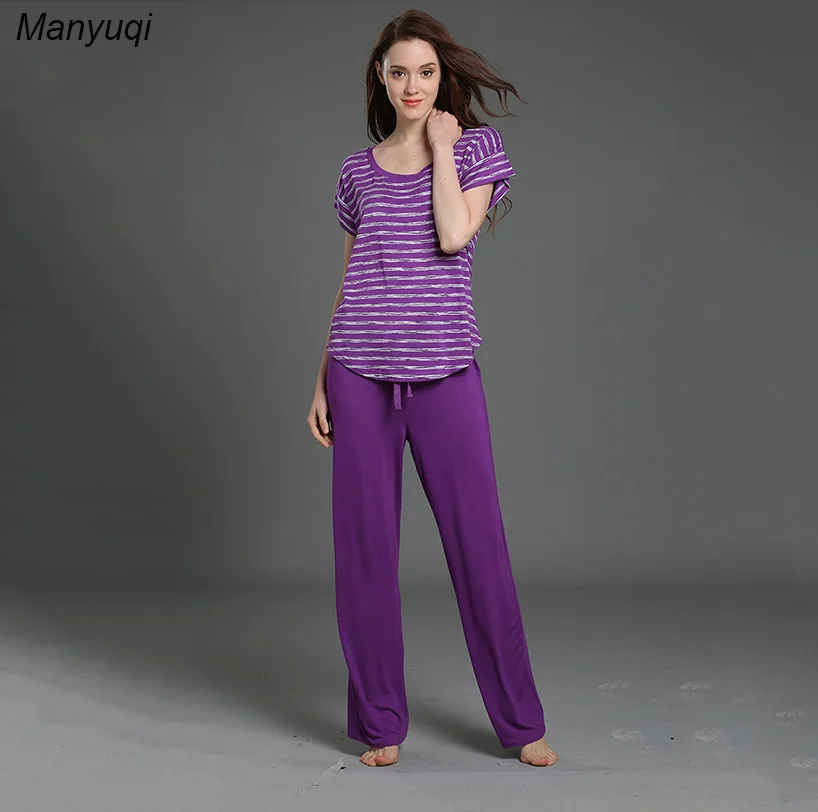 Women's modal pajamas set striped short sleeve tops and solid long
