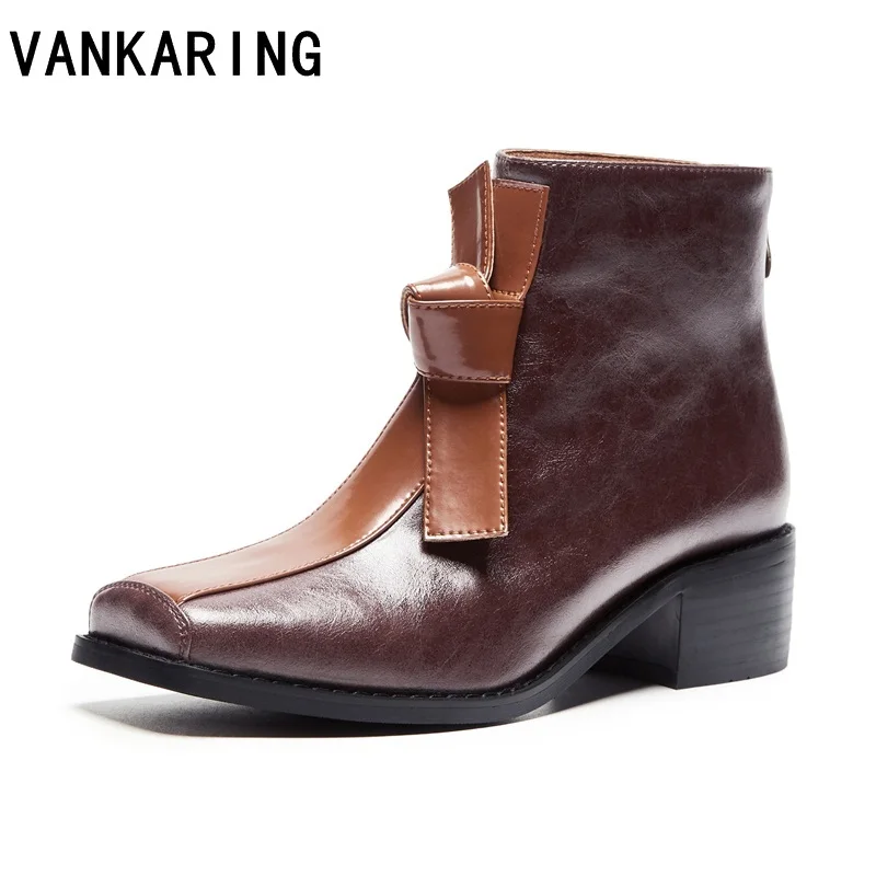 

VANKARING fashion style women autumn boots genuine leather black high heels woman ankle boots warm square toe bow-tie snow boots