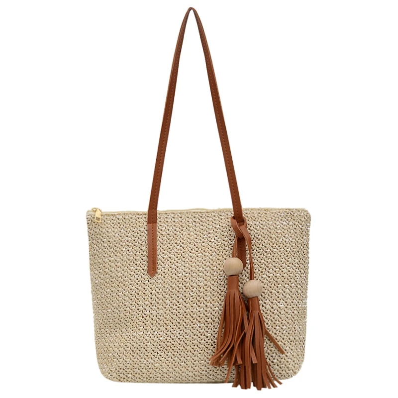 Khaki Women Simple Straw Handbag Shoulder Bag Tassels Tote Summer Beach Zipper Shopping Crossbody Fashion Travel Messenger Bag - Цвет: Khaki
