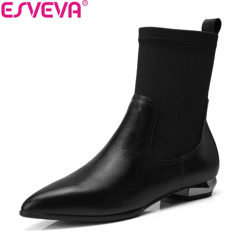 

ESVEVA 2019 Women Boots Shoes High Heels Slip on Cow Leather PU Ankle Boots Pointed Toe Sewing Autumn Shoes Boots Size 34-42