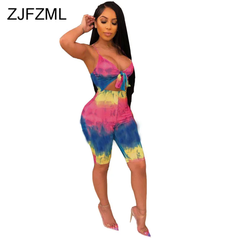 

Colorful Tie Dye Sexy Skinny Jumpsuits Women Spaghetti Strap Sleeveless Beach Romper Summer Deep V Neck Backless Short Playsuit