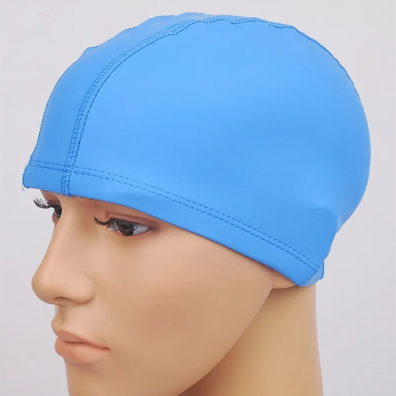 Взрослые эластичные из водонепроницаемой пенополиуретановой ткани защищают уши длинные волосы Спорт плавать бассейн шляпа плавать ming cap свободный размер для мужчин и женщин - Color: Sky blue