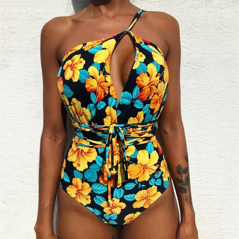 

One Piece Swimsuit Women Swimwear Push Up Monokini Tie Up Swim Suit Bodysuit Bathing Suit Summer Beach Wear Yellow S