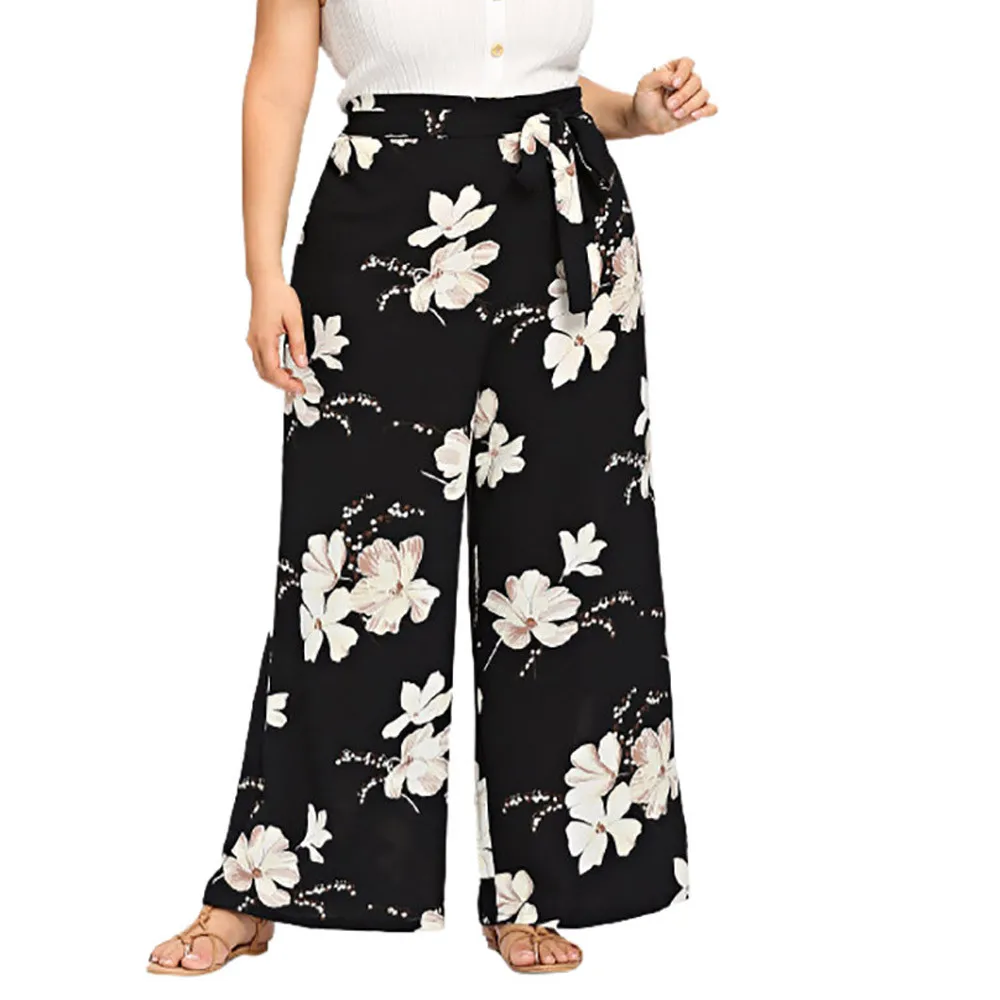 

Feitong Women Pants Plus Size Wide Leg Casual Pants Floral Printed Bow Bandage Maxi Trousers Slim Fit Trousers Pantalones Mujer