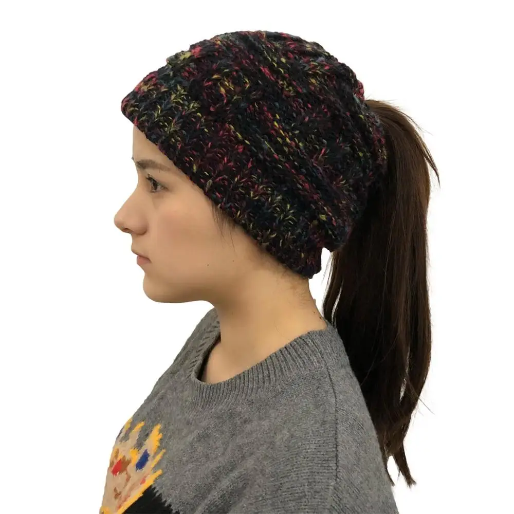 Fashion Ponytail Beanie Women Winter Hats Crochet Knitted Bamboo Ski Cap Skullies Beanies Warm Caps Female Stylish Hat Ladies - Цвет: colorful black