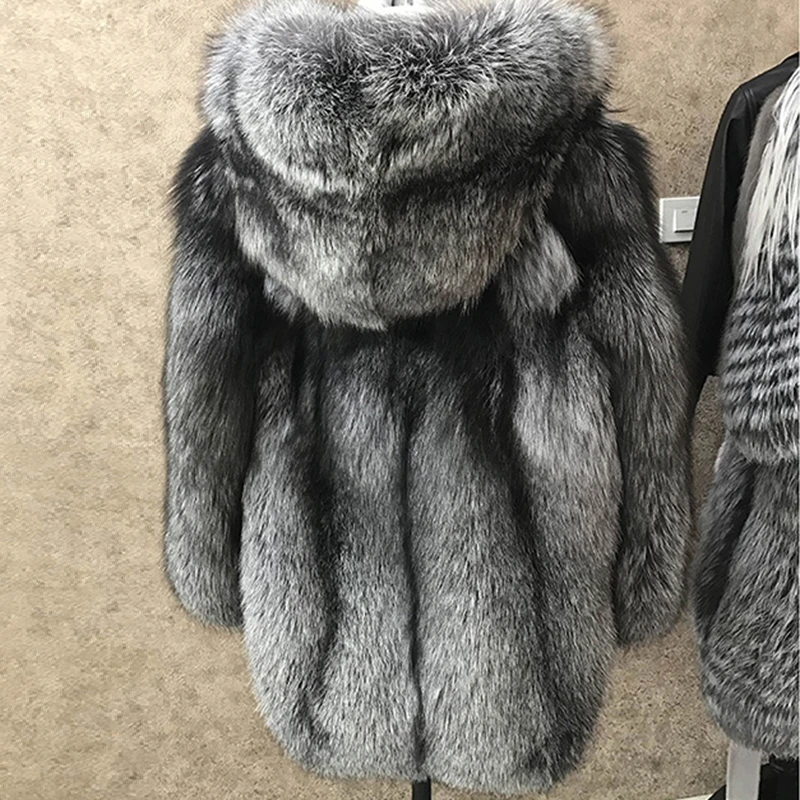 BFFUR, серебряное пальто с натуральным лисьим мехом, Повседневная теплая роскошная женская зимняя куртка с круглым вырезом и натуральным мехом, пальто с капюшоном