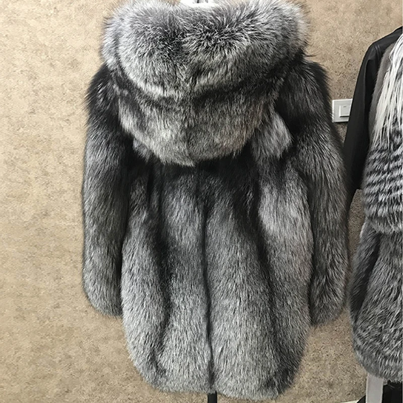 BFFUR Winter Natural Real Fox Fur Coat Luxlury Women Whole Skin Genuine Leather Female Jacket With Hood Silver Fox Fur Coat Coats