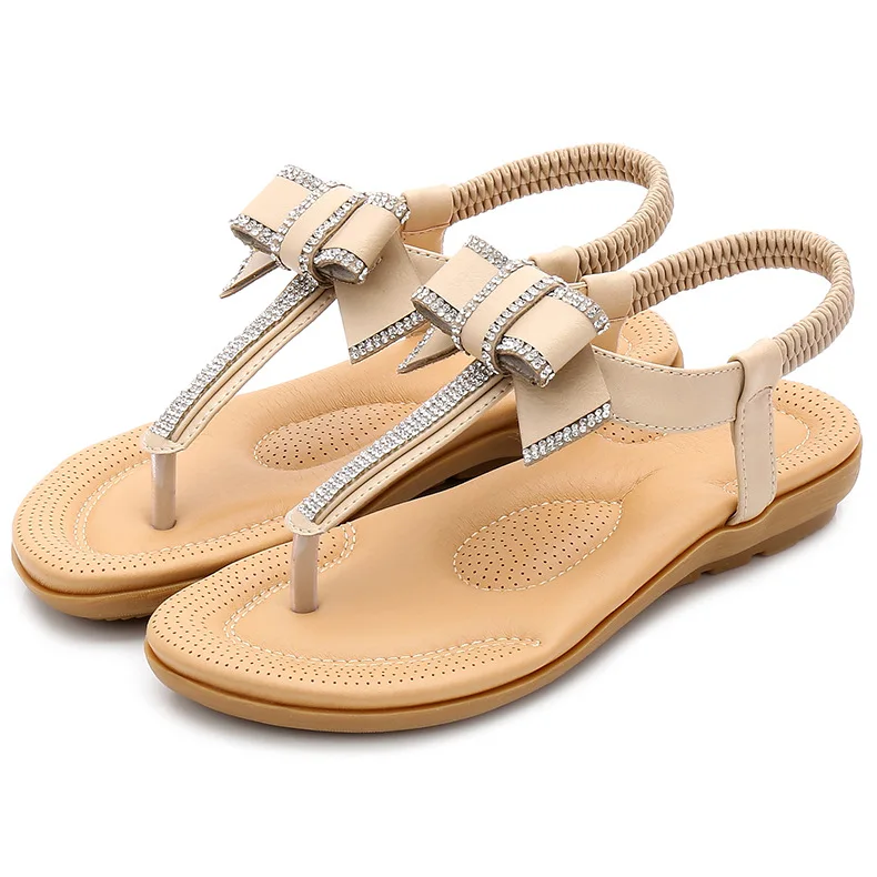

2019 summer new style simple and simple solid color sandals women comfortable wild bow rhinestone decorative sandals