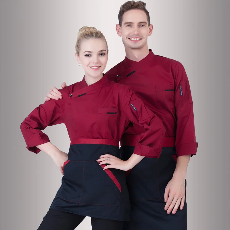 Мужская куртка шеф-повара с длинными рукавами для взрослых, гостиничных ресторанов, униформа, женский кухонный комбинезон с длинными рукавами, униформа шеф-повара, B-6403 - Цвет: Красный