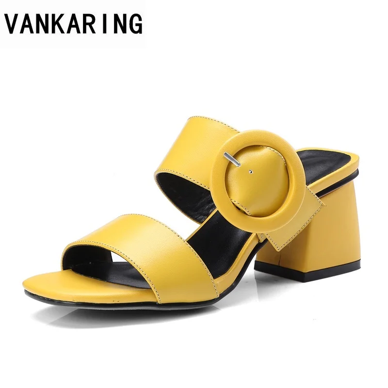

VANKARING women sandals new 2019 summer high heels casual dress shoes fashion slippers decorative buckle yellow platform sandals