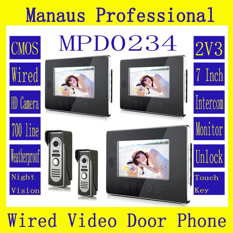 7 inch Screen Keypad Display Video Intercom System D234b High Quality Wired Magnetic Lock Two to Three Video Doorphone Device