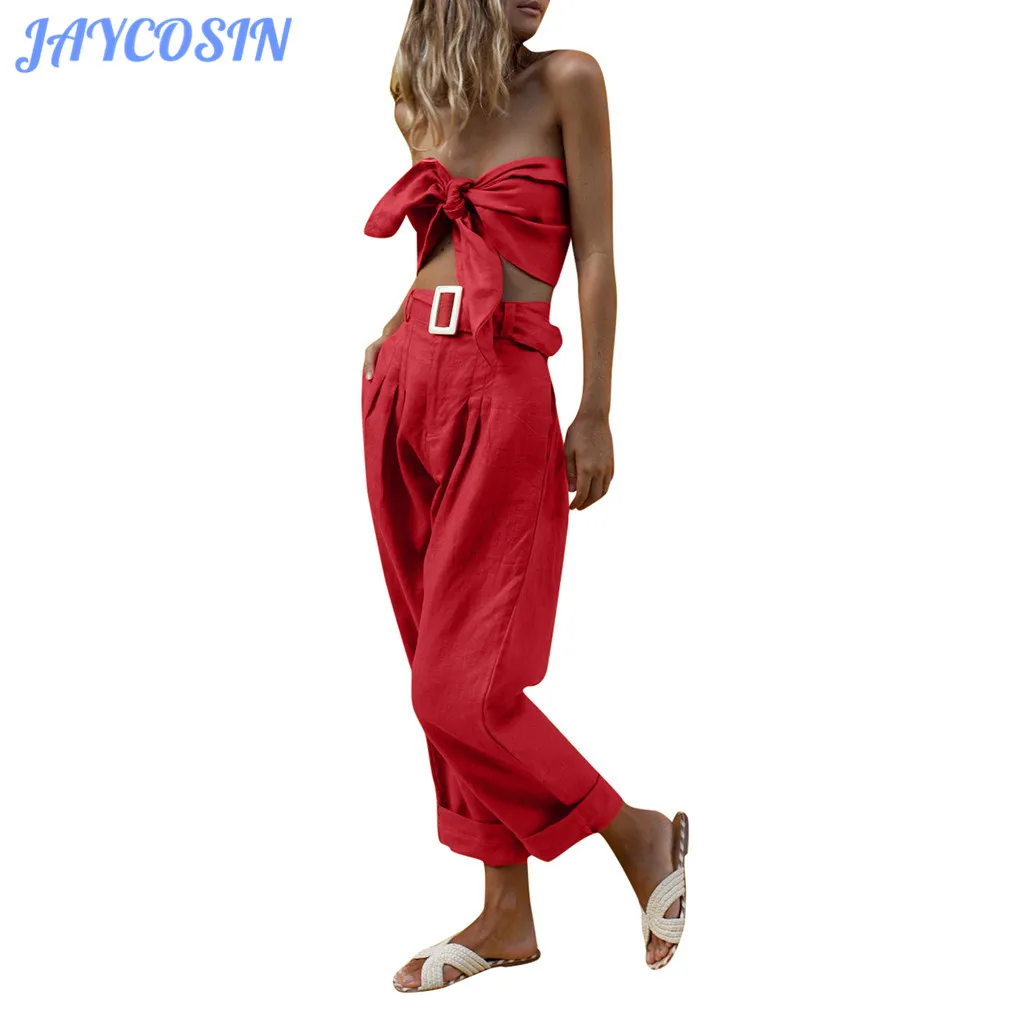 

JAYCOSIN Women Set Clothes Sexy Soild Color Two Piece Set Strapless Off Shoulder Tops And Long Pants Temperament Matching Sets