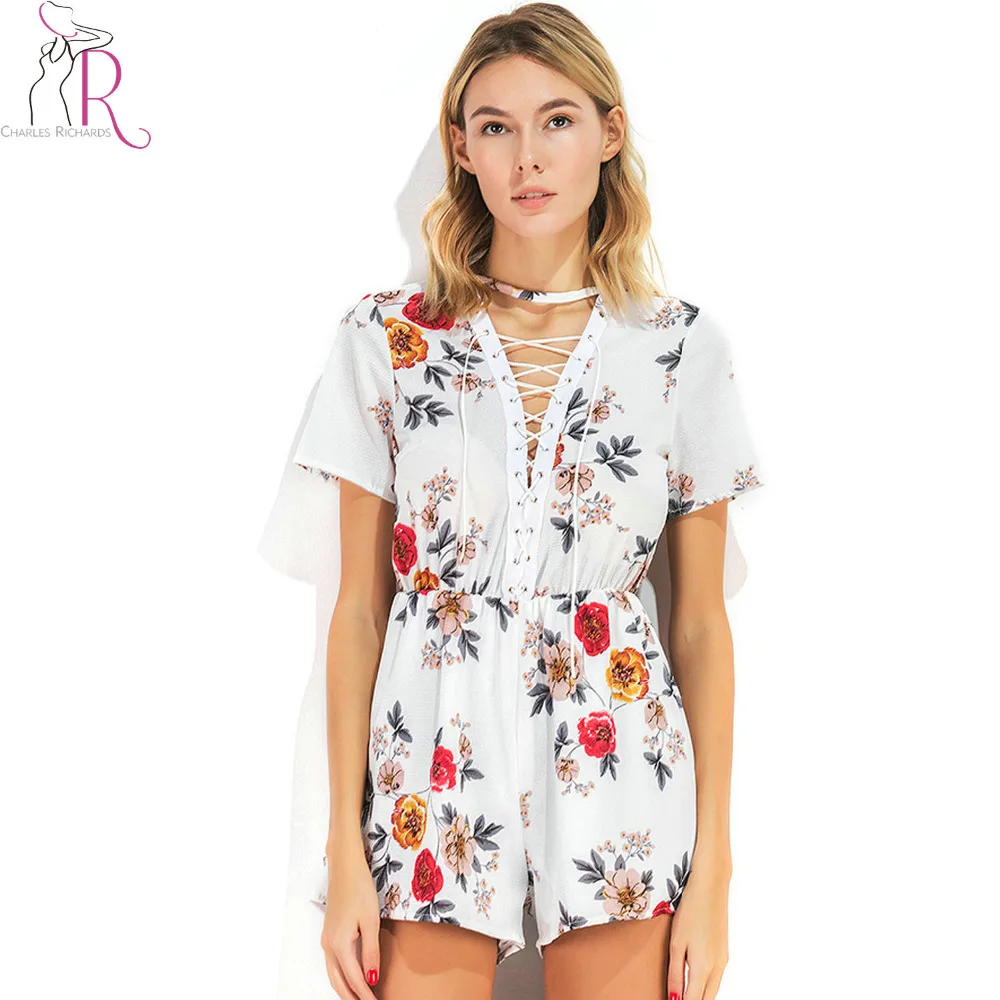 tie up back floral romper dress