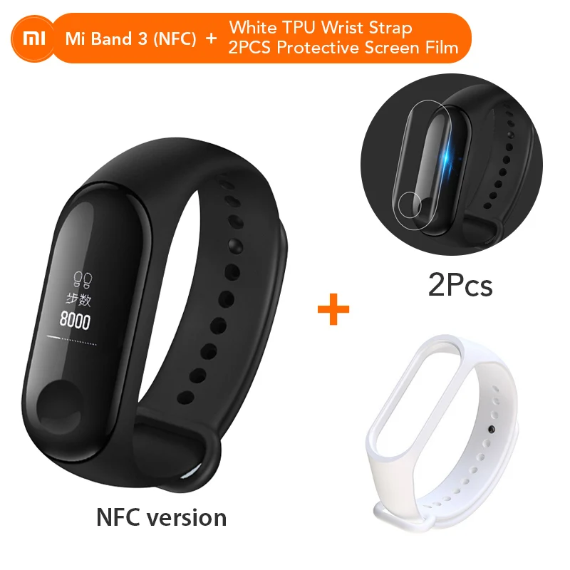 mi Band 3 NFC версия Xio mi монитор сердечного ритма умный спортивный браслет OLED mi band 3 Smartband разноцветные ремни - Цвет: NFC Add White Strap