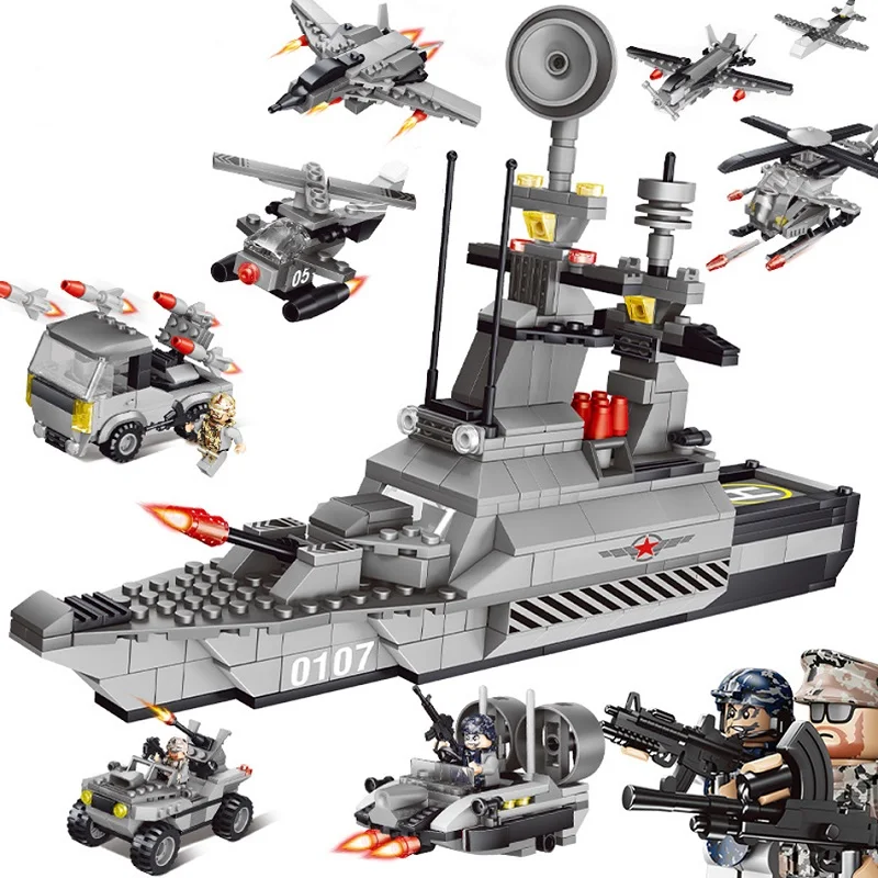 

829Pcs 8in1 Military War Ship Helicopter Tank Model Building Block Army Weapon Soldier Compatible Legoings ww2 Toys For Children