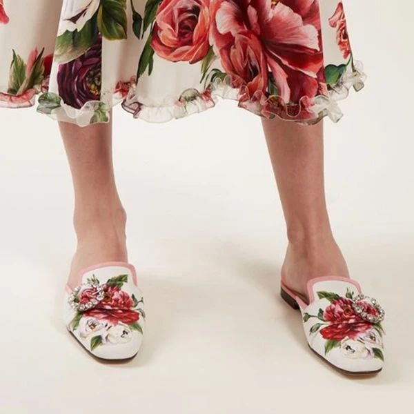 

2019 Newest Flat Mules Round Toe Flower Printing Embellished Crystal Buckle Decor Dress Slides Leather Shoes Women