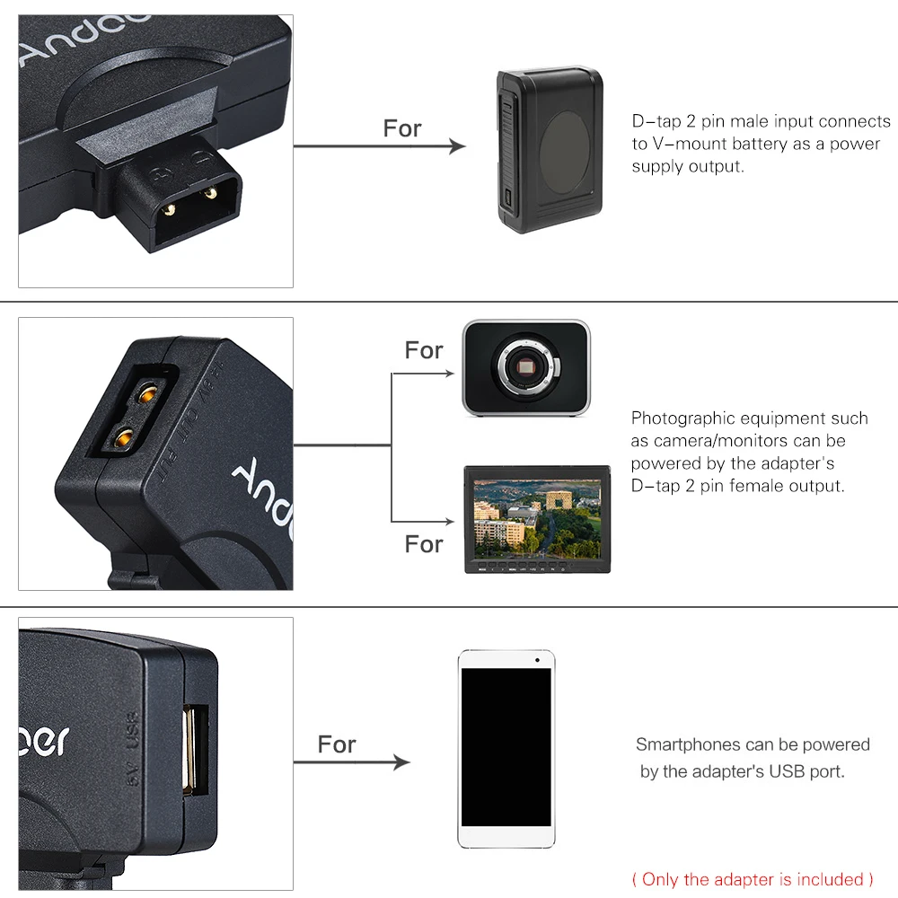 Andoer D Tap с адаптером 5В USB разъем для v образного крепления видеокамеры батареи