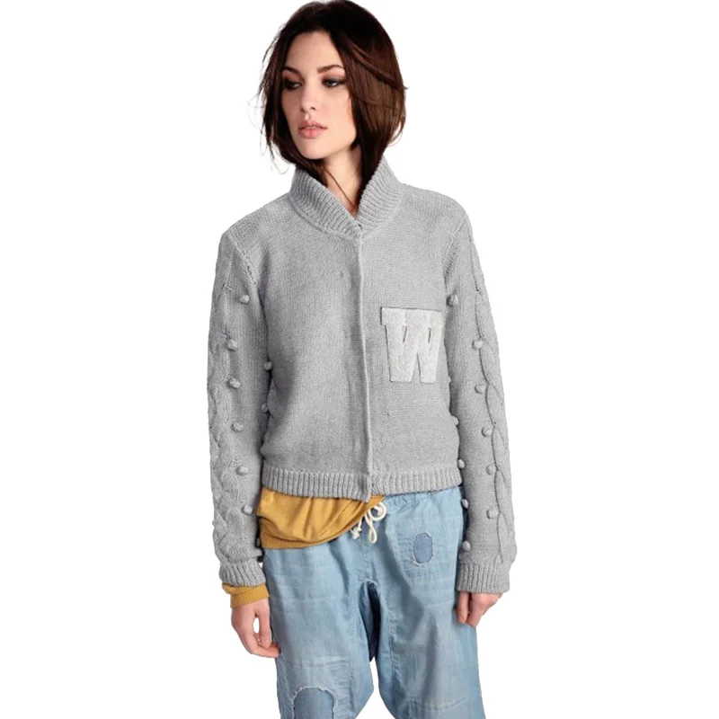 2018 Solid Gray Letter Appliques Sweaters Women Single Breasted Full