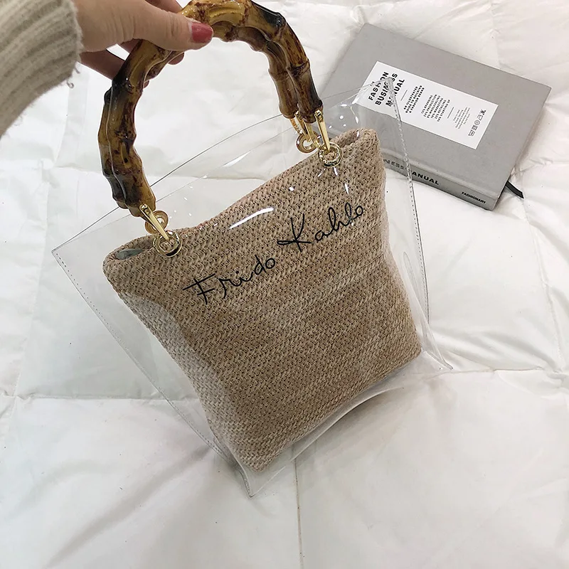 

2019 new summer transparent small square bag bamboo hand-held beach wind beach bag shoulder Messenger bag