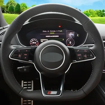 

Puou Black Genuine Leather DIY Hand-stitched Steering Wheel Cover for Audi TT 2017 Free shipping