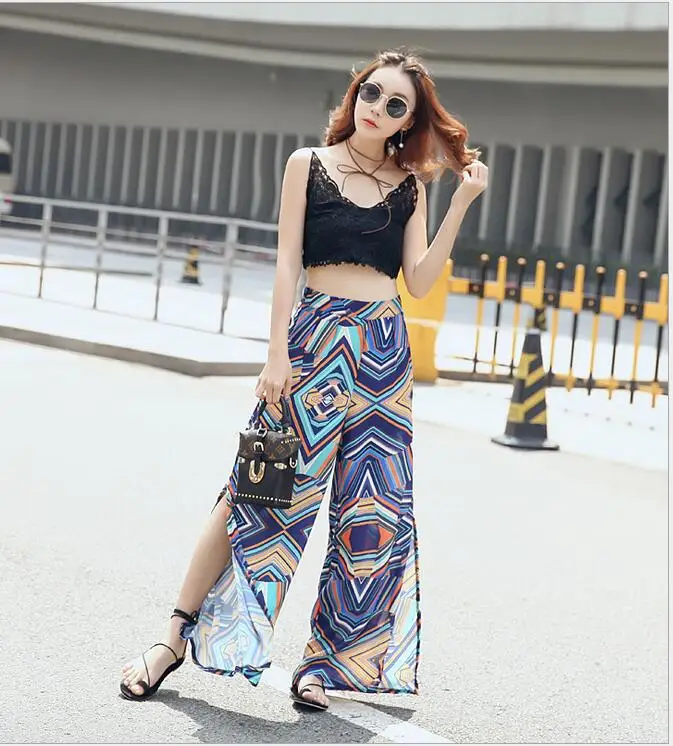 2018 open wide leg pants summer high waist loose printed pants Bohemian