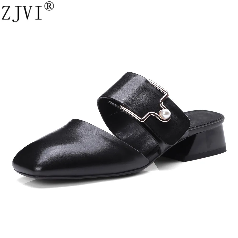 

ZJVI woman genuine leather square mid heels sandals women new summer shoes 2018 womens fashion square toe ladies slippers slides