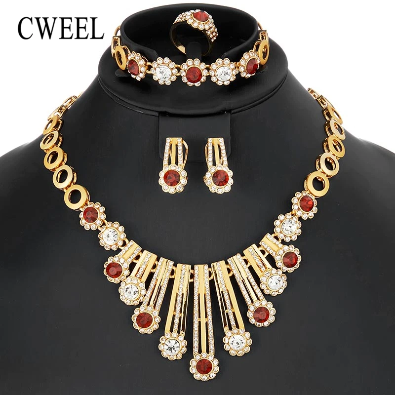 

CWEEL Jewelry Sets Luxury Wedding Jewelry Sets Necklace Gold Color Ethiopian African Beads Jewelry Set Women Jewellery Set