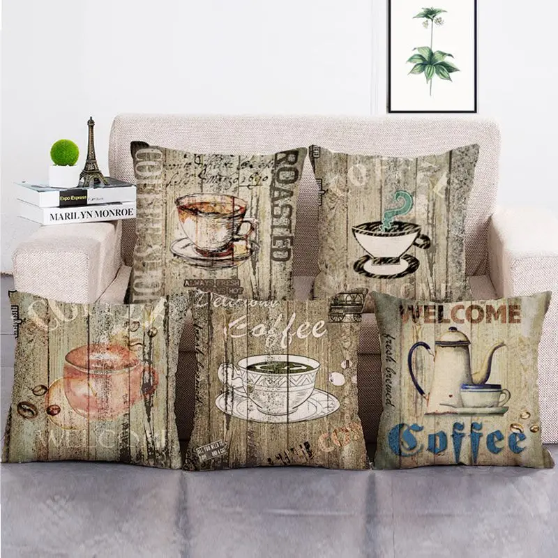 

vintage coffee cup print cushion cover 2018 farmhouse decor cotton linen capa de almofada retro rustic chaise throw pillow case