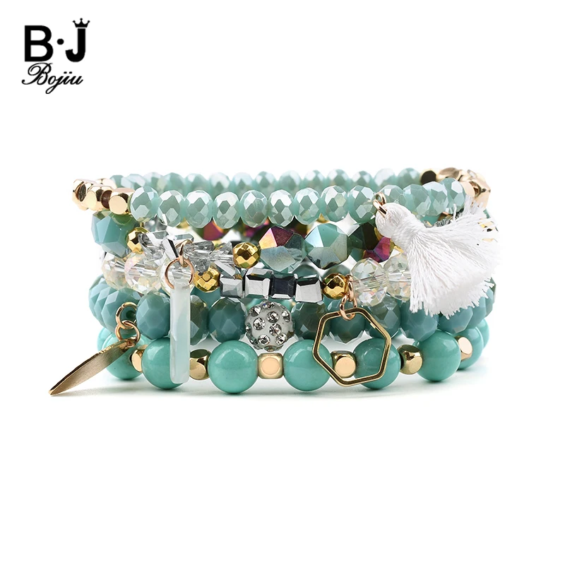 BOJIU 5 Pcs/Set Multiple Layers Crystal Charm Bracelets