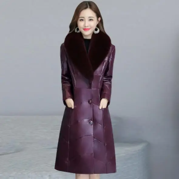 Зимние для женщин кожаные пальто Высокое качество Вес куртка Duvet овец темперамент Лисий меховой воротник Модные женские пуховики - Цвет: Фиолетовый