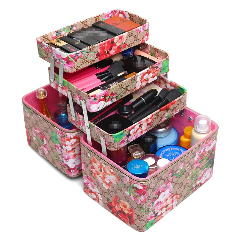 

Multi-storey Flowers Large Professional Women Cosmetic Case Make Up Box Organizer Travel Beauty Necessity Toiletry Pouch Case