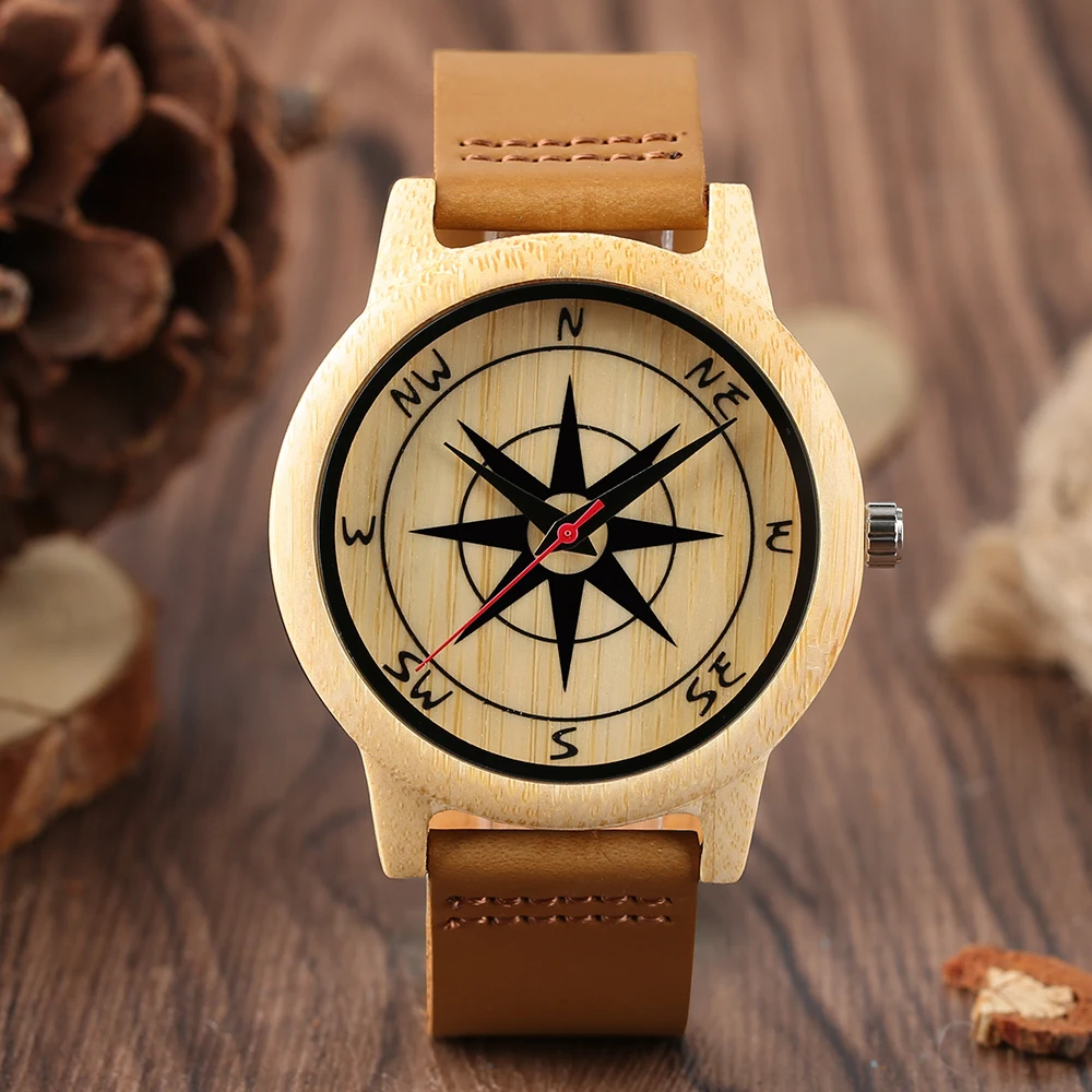 Creative Wooden Watches Compass Pattern Quartz Mens Wrist Watch Natural
