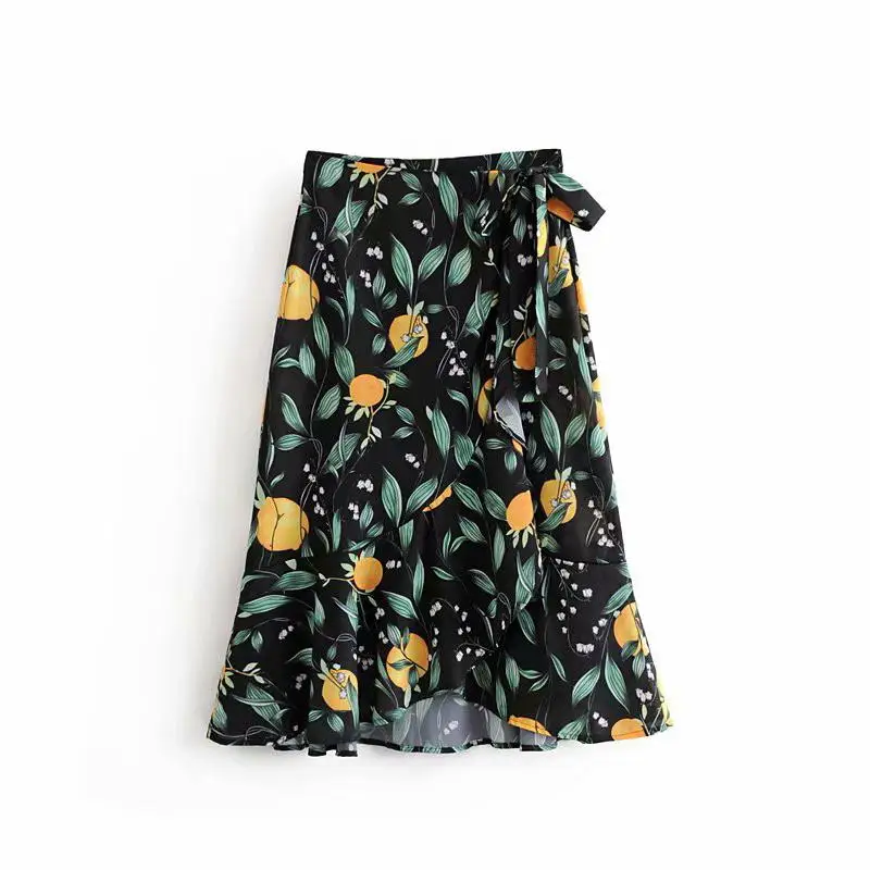 Милая Цветочная Длинная пляжная юбка с лимонным принтом, женские сексуальные юбки с бантом для вечеринок, Женская шикарная Макси-юбка в стиле бохо, Повседневная летняя юбка