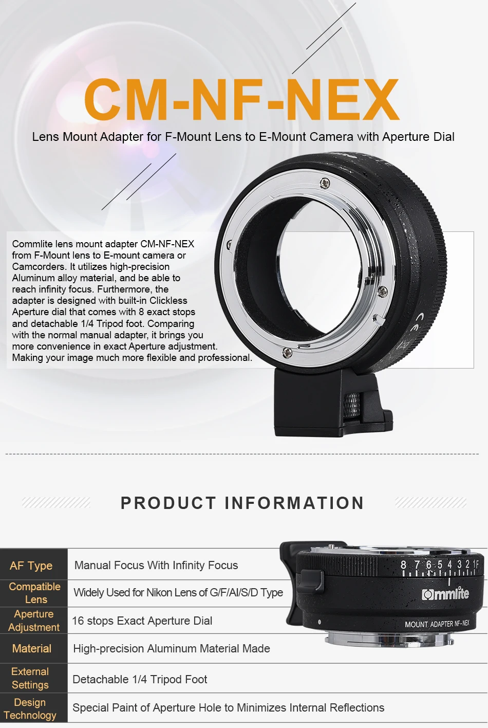 Commlite CM-NF-NEX ручная фокусировка Крепление объектива переходное кольцо для Nikon G, F, а я, S, D, чтобы использовать для sony NEX E крепление камеры