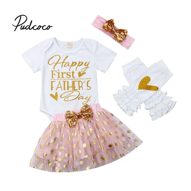 

2019 Fathers Day Baby Girls Summer Outfits Clothes Father's Daddy Romper Tops +Gold Skirt+Socks+Headband 4PCS Set 0-18 Months