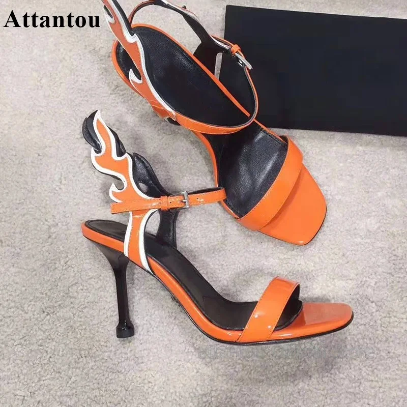 

Designer Strange Flame Heeled Gladiator High Heel Sandals Woman Peep Toe Mixed Color Buckle Ankle Strap Woman Sexy Party Shoes