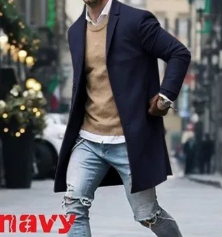 Брендовое однобортное шерстяное пальто зимнее толстое теплое роскошное деловое повседневное мужское приталенное пальто - Цвет: Тёмно-синий
