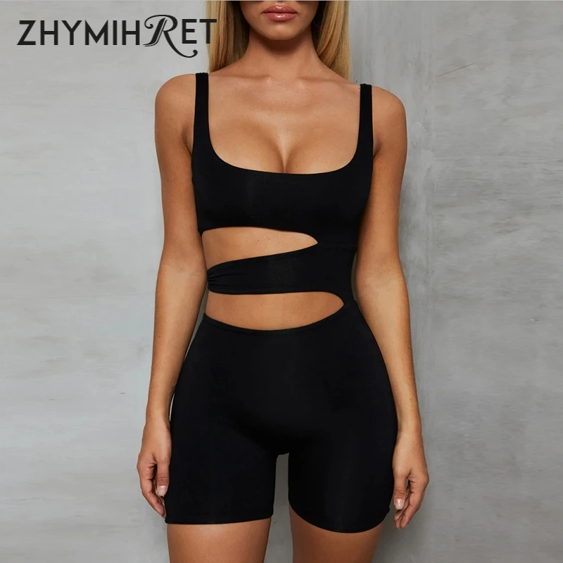 

ZHYMIHRET Black Hollow Out Playsuit Women Skinny Jumpsuit 2019 Casual Bodysuit Femme Bodycon Combinaison Short Femme