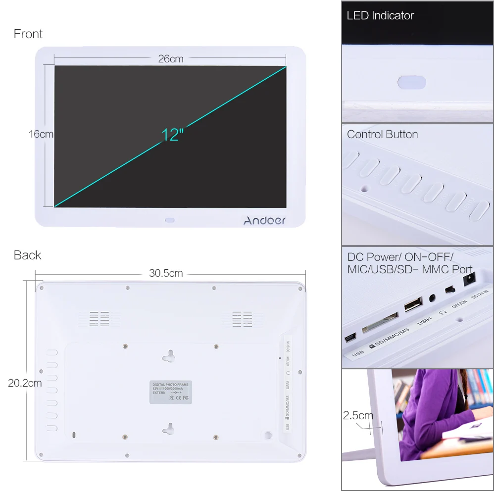 Andoer 1" HD светодиодный цифровая фоторамка 1280*800 электронная рамка с удаленного Управление включая светодиодный часы, календарь MP3