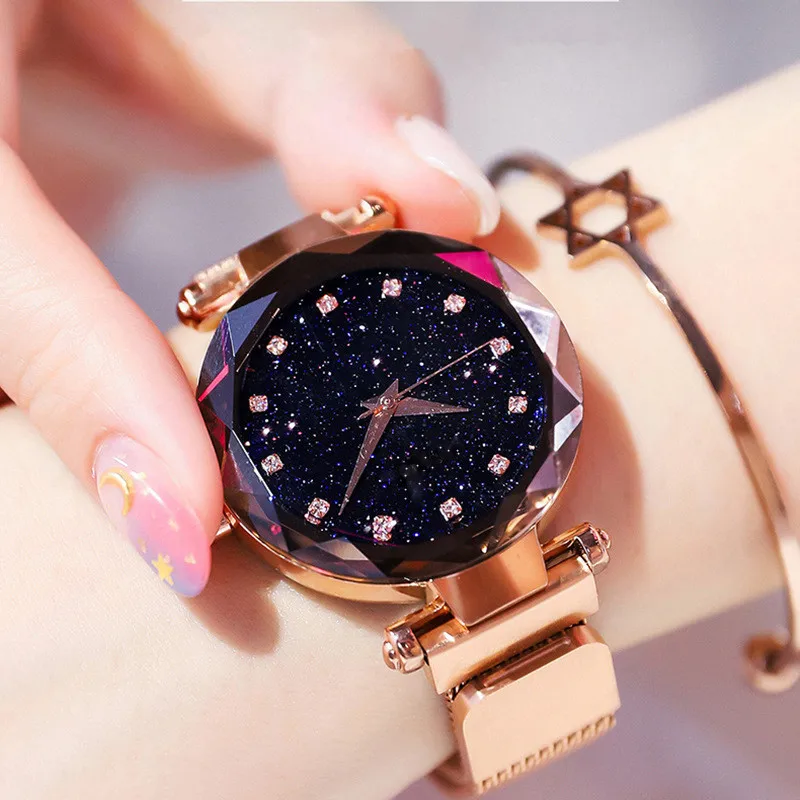 

Fashion Starry Sky Watch Magnetic Women Star Diamond Clock Ladies Stainless Steel Mesh Watch Waterproof Quartz Watch Wrist Watch