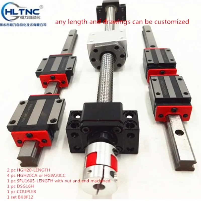 Acheter 2 pc HGH20 toute longueur + 1 ensemble SFU1605 + 4 HGH20CA hgw20cc guide linéaire haute assemblée charge carrée vis à billes module de mouvement linéaire