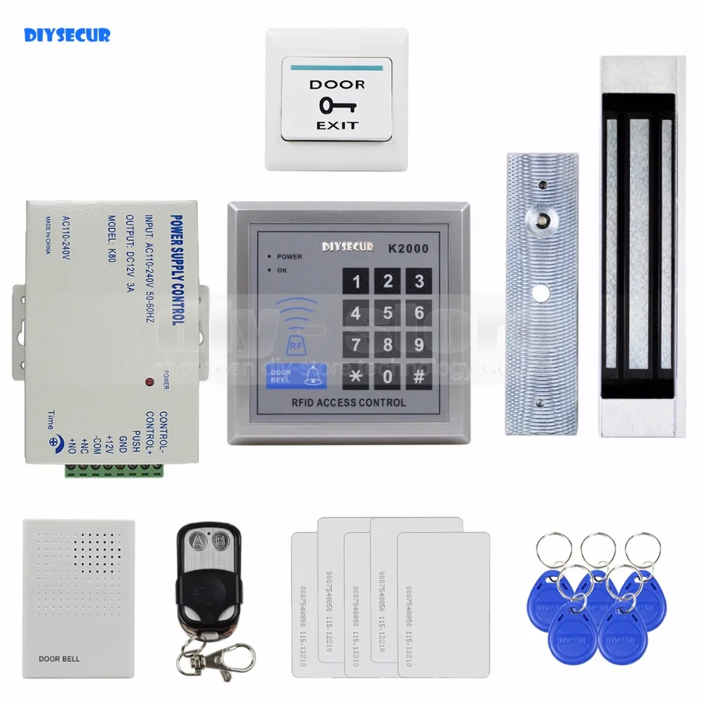 

DIYSECUR Door Bell 125KHz Rfid ID Card Reader Keypad Door Access Control Kit + 180KG 350lb Magnetic Lock + Remote Controller