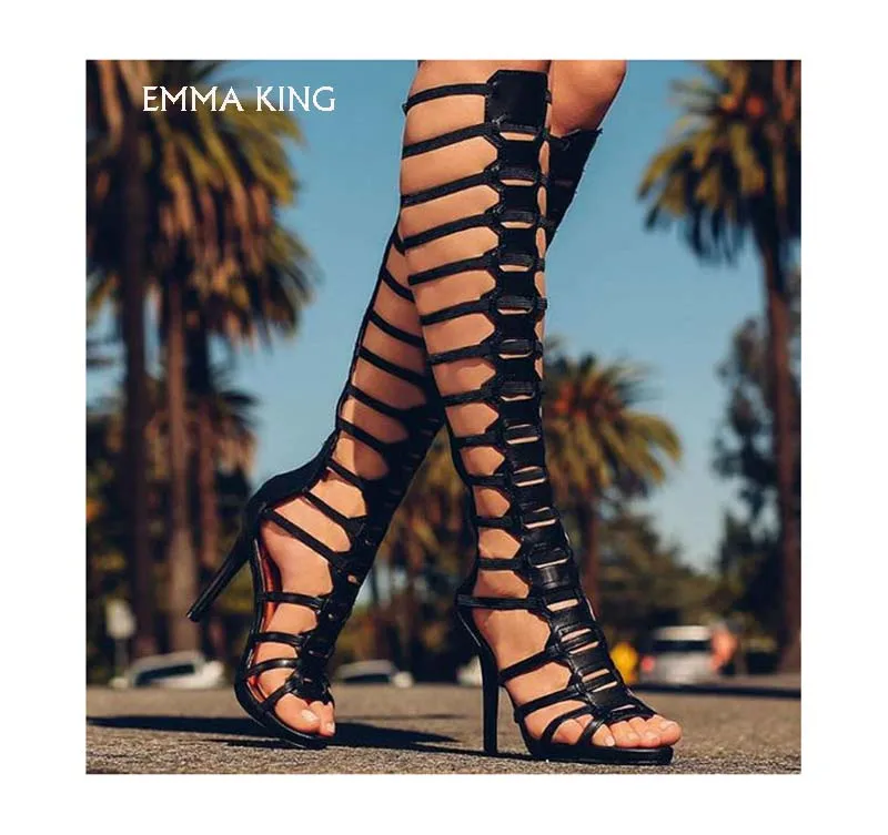 

New summer Black sexy fashion knee-high women sandals banquets many straps high heel hollow Shoes Women party Sandalia Feminino
