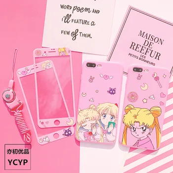 

Sailor moon cover For iPhone X for iphone 8 plus pink case + front tempered glass For iPhone 7 6 6S Plus Magic Array +strap