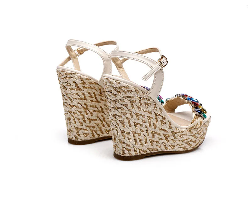 30_Summer Womens Black Buckle Sandals Fashion Elegant Silver Rhinestone Shoes Wedding Bridal High Heel Platform Wedges