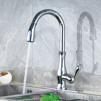 

Wholesale and Retail Solid Brass Kitchen Sink Faucet Pull Out Mixer Tap with Cover Plate Chrome Polished