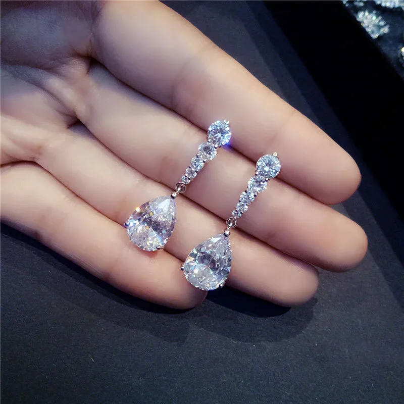 Модные женские серьги-капли с кристаллами, 925 серебро, заполненные белым камнем, серьги в стиле бохо, свадебные ювелирные изделия, длинные висячие серьги