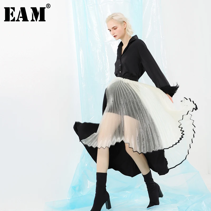 

[EAM] 2019 New Spring High Waist Black Loose Hem Organza Perspective Pleated Half-body Skirt Women Fashion Tide JI810